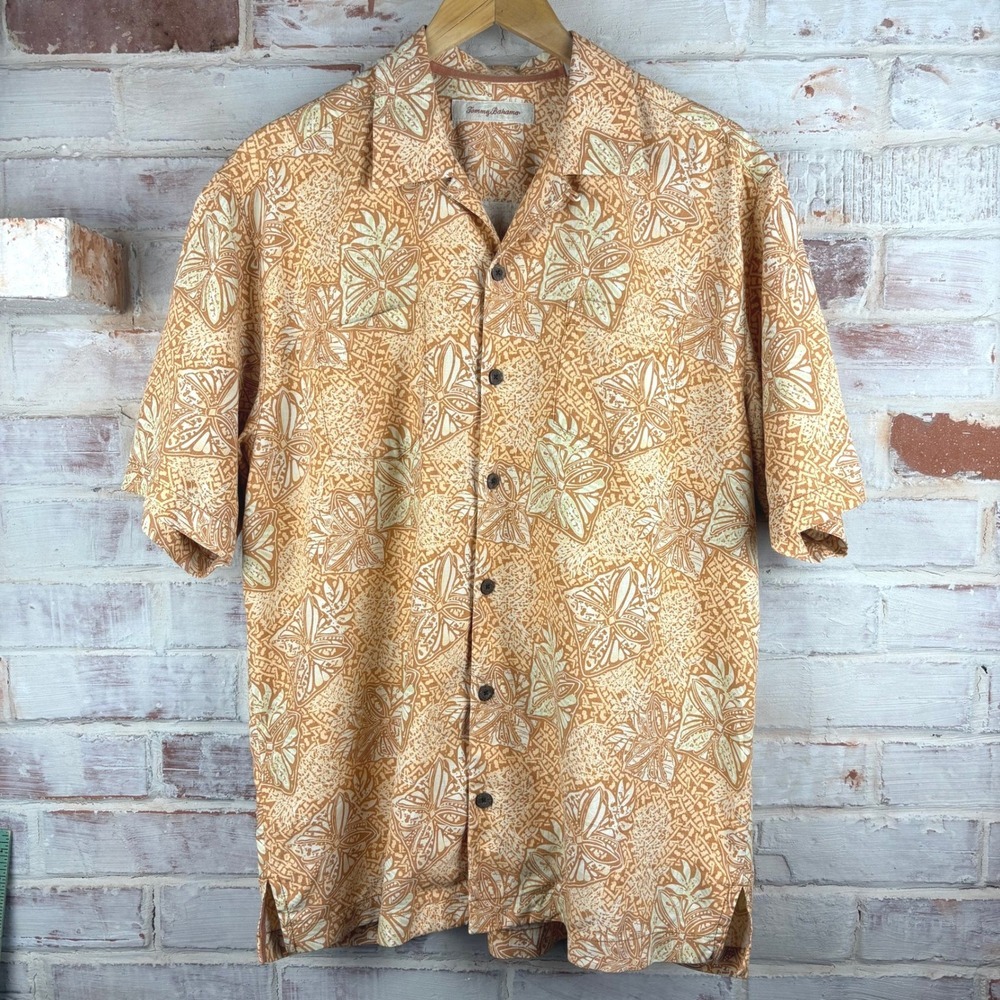 Tommy Bahama Vintage 100% Silk Camp Shirt Sz M Tiki Batik Print Amber Orange Y2K